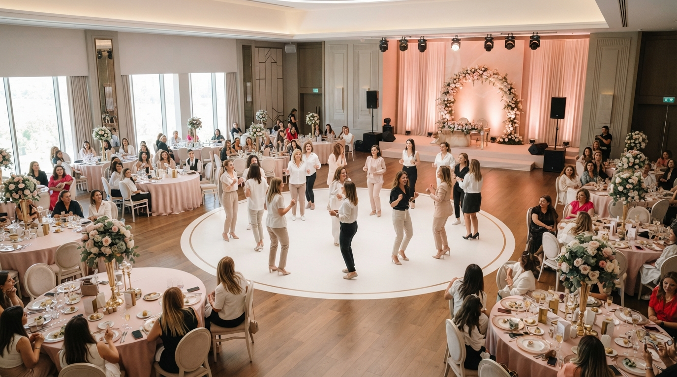 Kadınlar matinesi salon düzeni için sahne, masa ve dans pisti yerleşimi