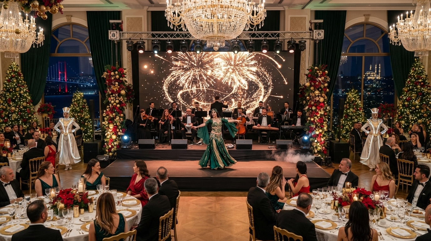 Otel gala gecelerinde yılbaşı oryantal programı için hazırlanan sahne ve banket salonu