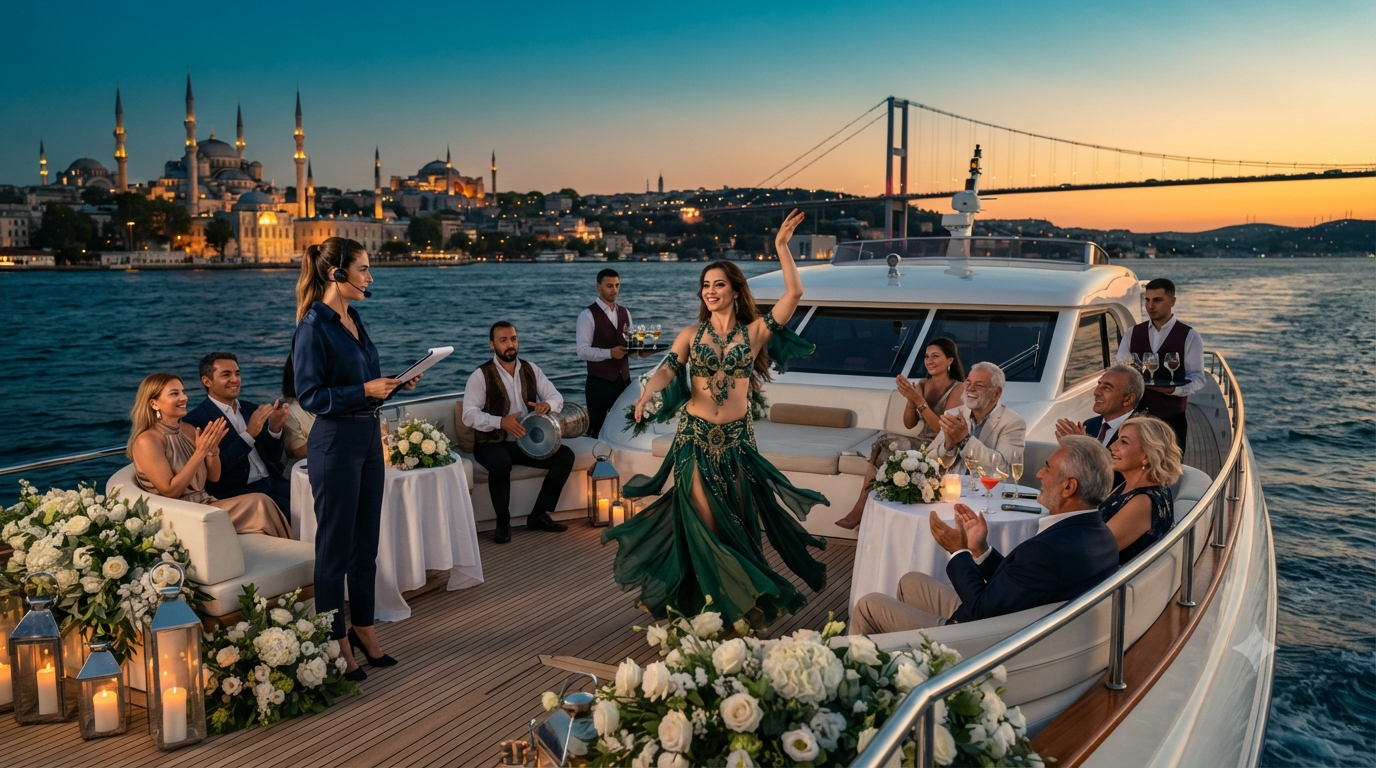 Tekneye oryantal çağırma için açık güvertede hazırlanan gösteri alanı